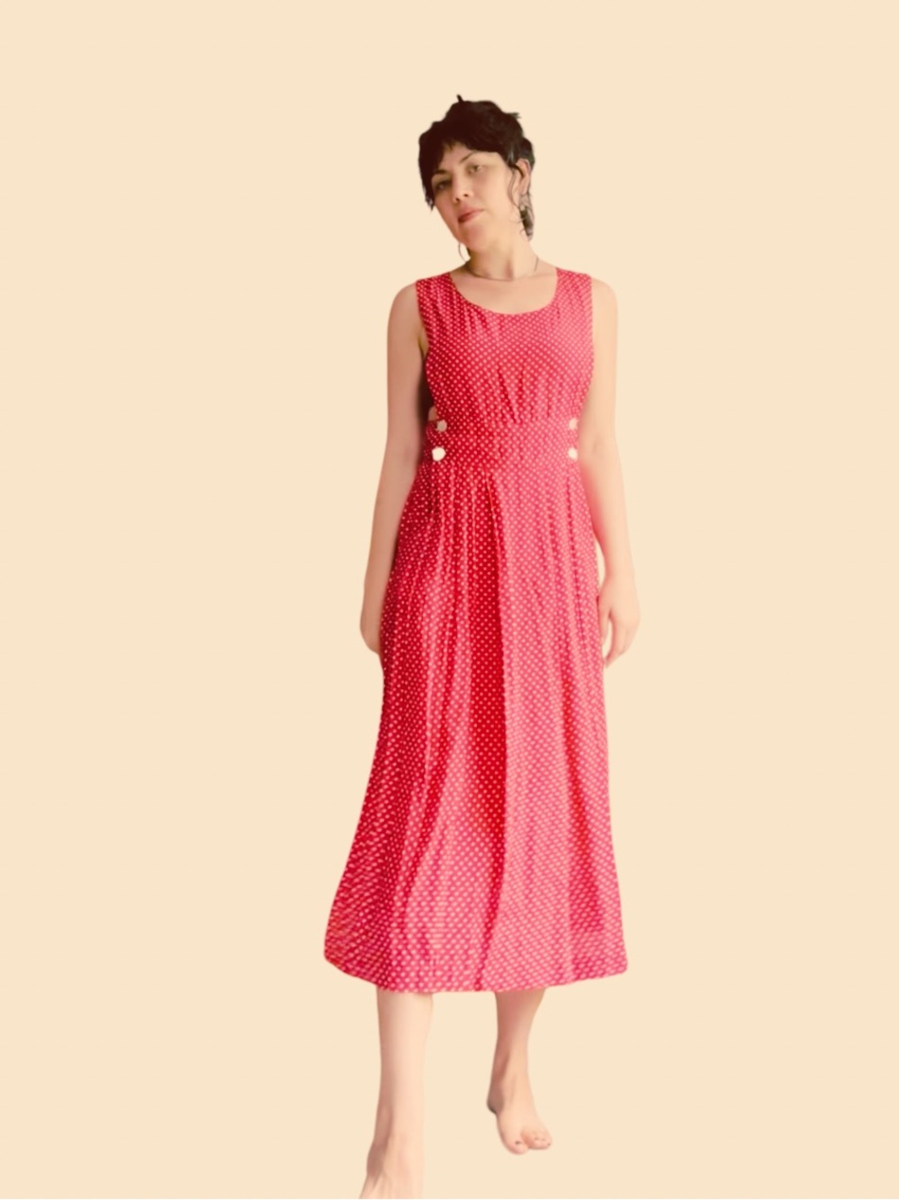Vintage Red Polka Dot Sleeveless Midi Dress